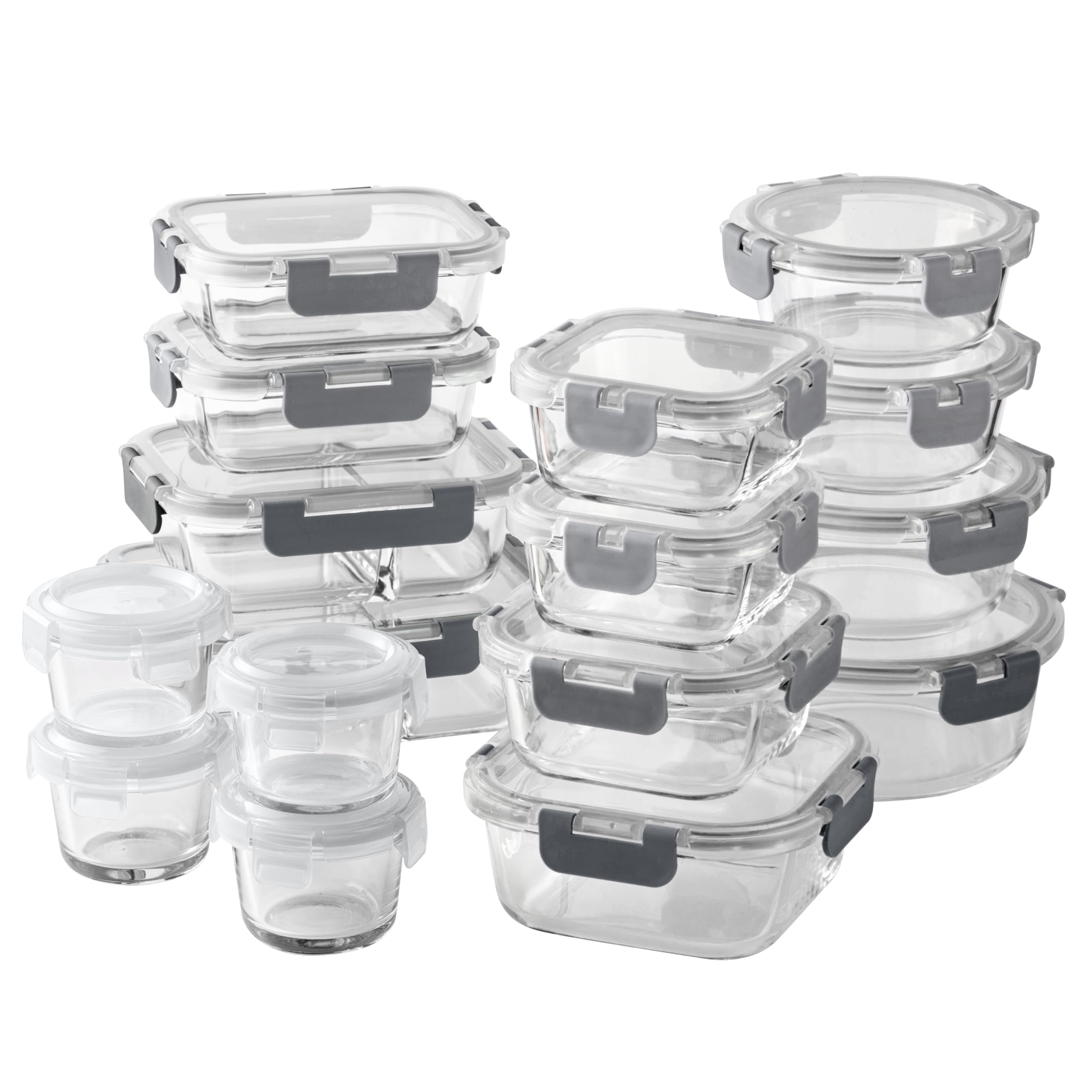 COOK WITH COLOR Premium 32-Pc. Borosilicate Glass Food Container Set with Dividers - 4 Rectangles, 8 Rounds, 4 Squares - Leakproof Lids - Meal Prep, Storage