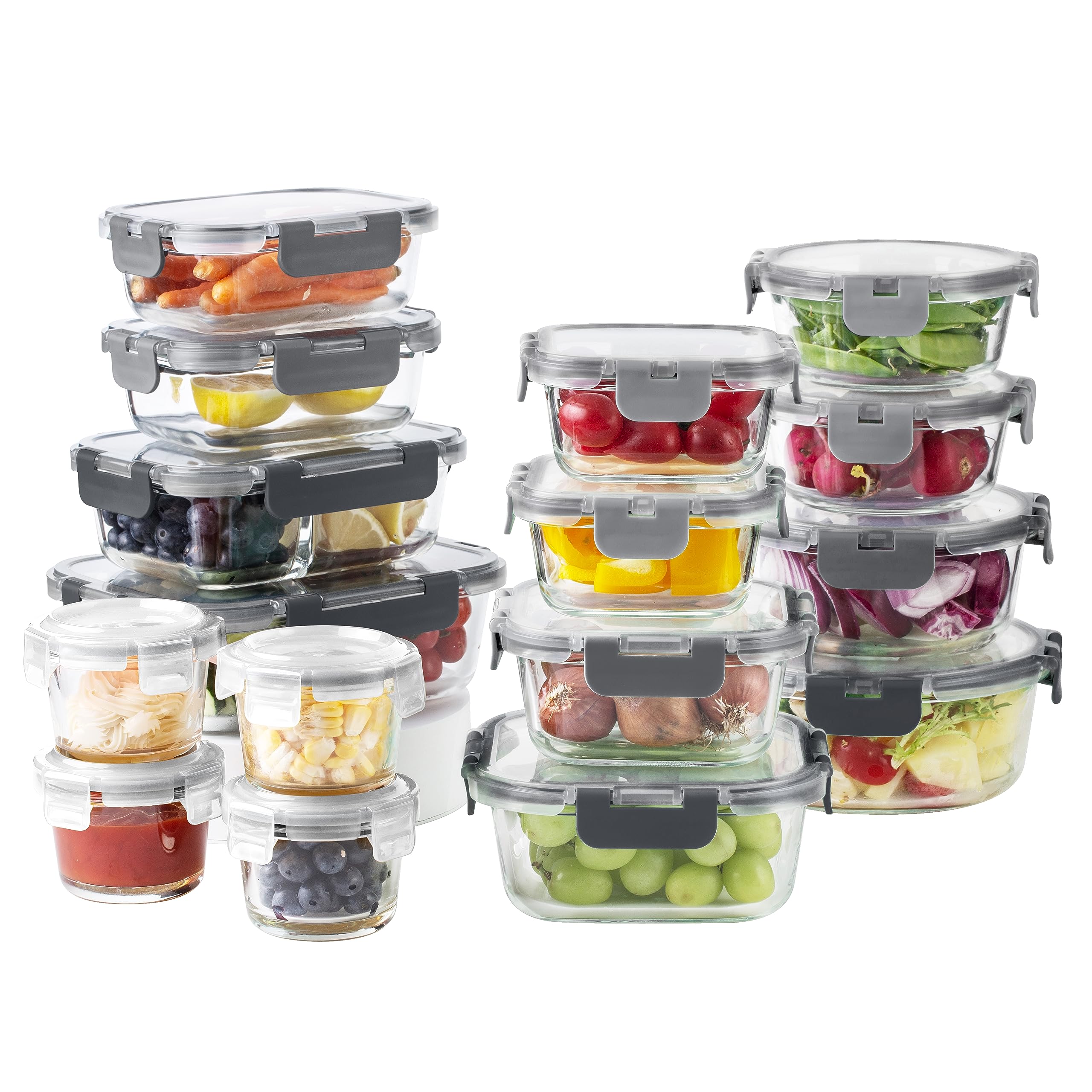 COOK WITH COLOR Premium 32-Pc. Borosilicate Glass Food Container Set with Dividers - 4 Rectangles, 8 Rounds, 4 Squares - Leakproof Lids - Meal Prep, Storage