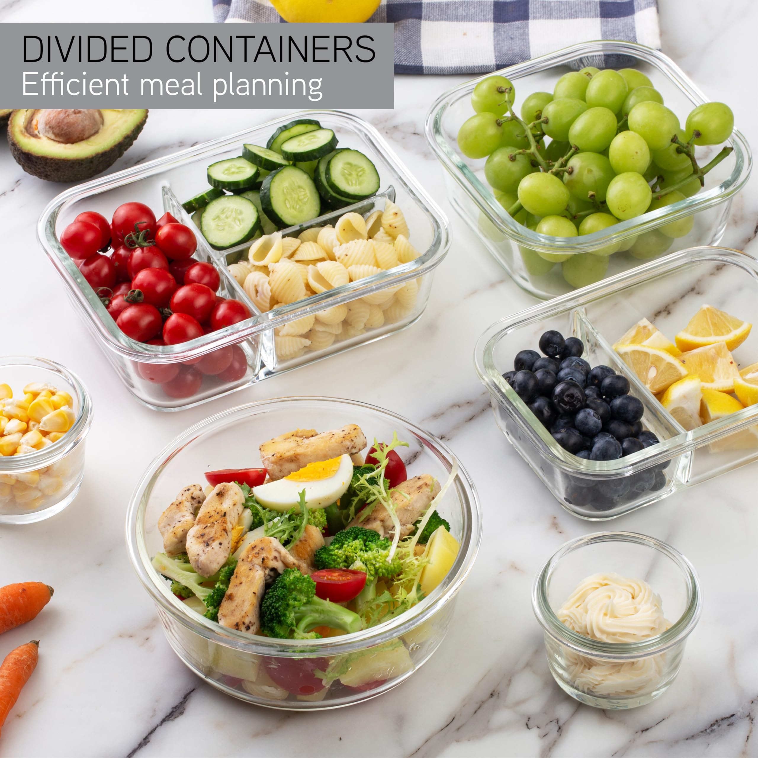 COOK WITH COLOR Premium 32-Pc. Borosilicate Glass Food Container Set with Dividers - 4 Rectangles, 8 Rounds, 4 Squares - Leakproof Lids - Meal Prep, Storage