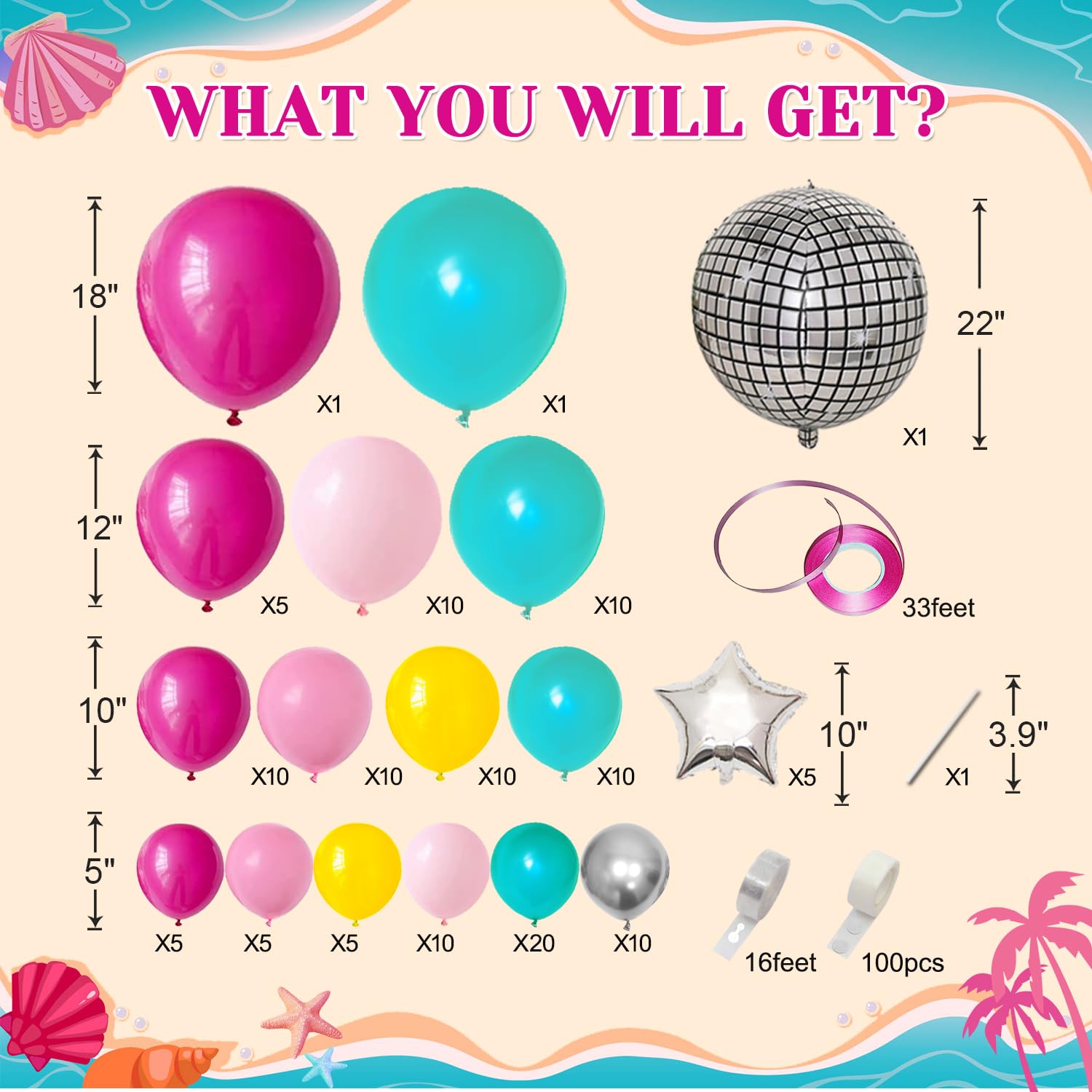 137PCS Pink Teal Balloon Garland Arch Kit with Hot Pink Silver Disco Roller Skate Balloon for Priness Theme Birthday Party Girl Summer by Beach Pool party decorations