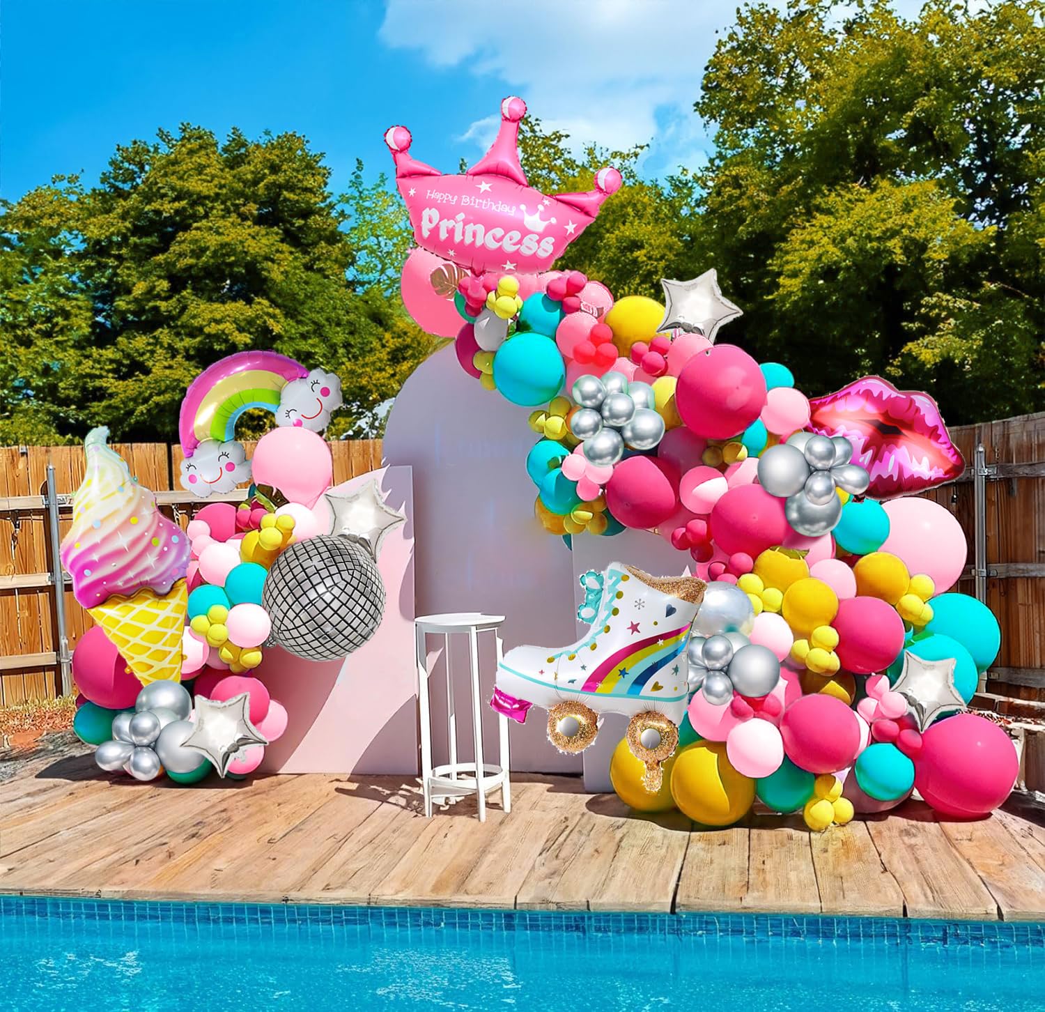 137PCS Pink Teal Balloon Garland Arch Kit with Hot Pink Silver Disco Roller Skate Balloon for Priness Theme Birthday Party Girl Summer by Beach Pool party decorations