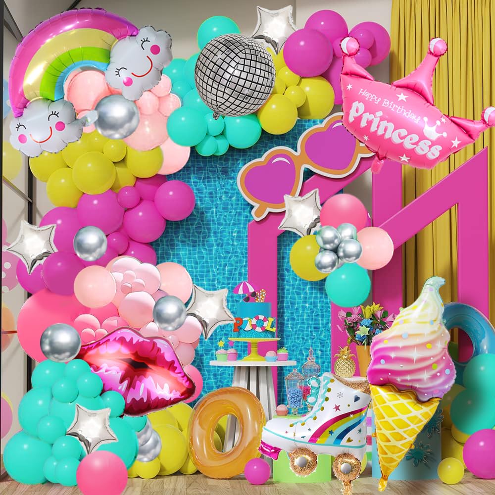 137PCS Pink Teal Balloon Garland Arch Kit with Hot Pink Silver Disco Roller Skate Balloon for Priness Theme Birthday Party Girl Summer by Beach Pool party decorations