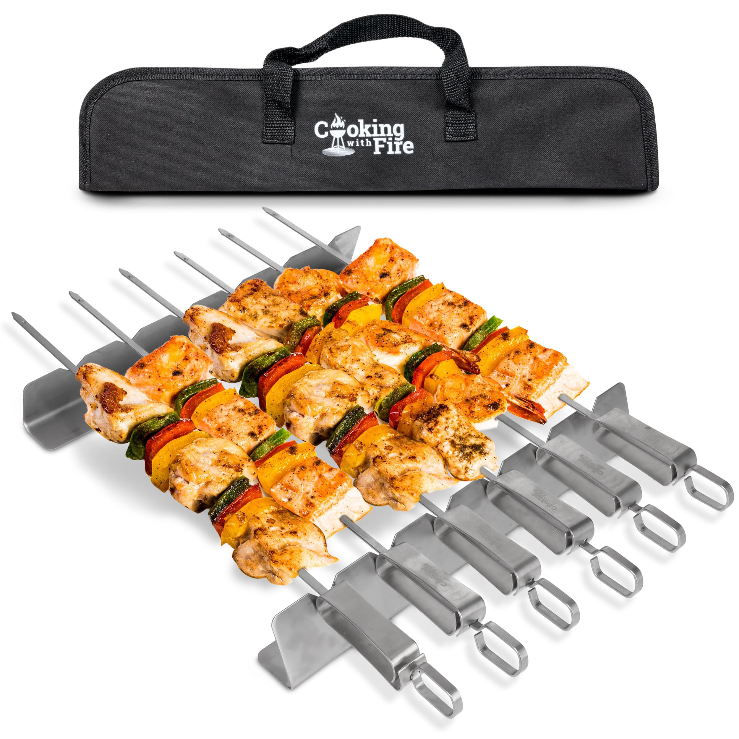 Metal Skewers for Kabobs - Shish Kabob Skewers for Grilling with Slider Plus Skewer Holder, 18" Long Flat Skewers for Kabobs 12" Kabob Rack Holds Stainless Steel Skewers for Grilling-Cooking With Fire