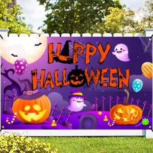 large happy halloween banner backdrop 72x44 inch, spooky pumpkin happy halloween banner for purple halloween party decorations, halloween pumpkin banner photo booth background