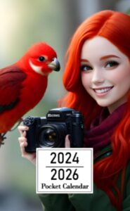 pocket calendar 2024-2026: two-year monthly planner for purse , 36 months from january 2024 to december 2026 | red-haired girl | smiling while photographing bird