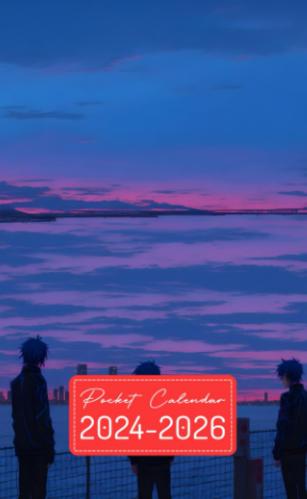 Pocket Calendar 2024-2026: Two-Year Monthly Planner for Purse , 36 Months from January 2024 to December 2026 | Neon city | Anime style | Guy at lake shore