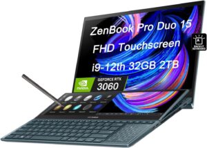 asus zenbook pro duo 15 ux582 15.6" fhd oled touchscreen (intel 14-core i9-12900h, 32gb ddr5 ram, 2tb ssd, geforce rtx 3060) business laptop, screenpad plus, type-c, backlit, pen, win 11 pro, blue
