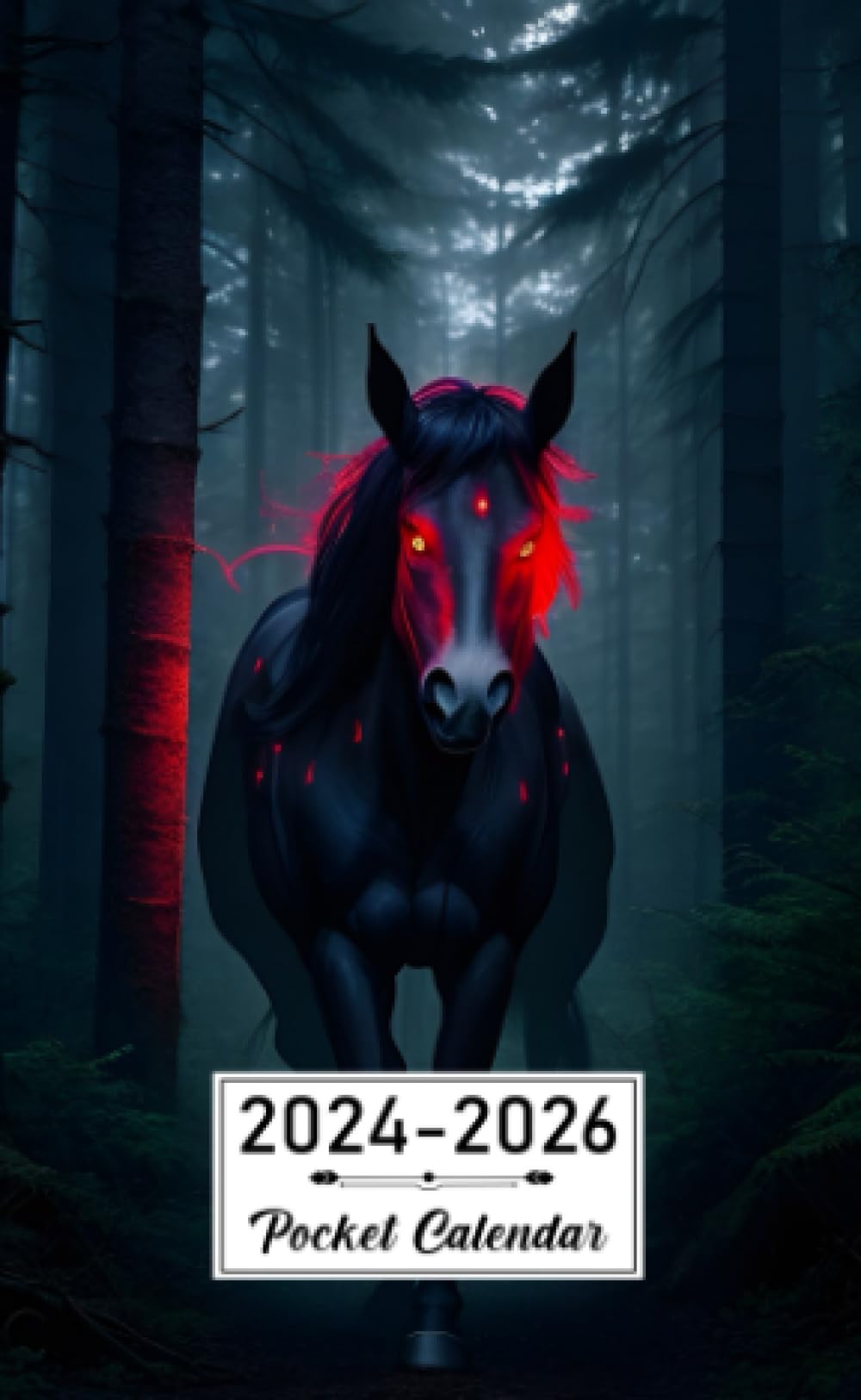 Pocket Calendar 2024-2026: Two-Year Monthly Planner for Purse , 36 Months from January 2024 to December 2026 | Mythical evil horse | Glowing red eyes | Forest lurking