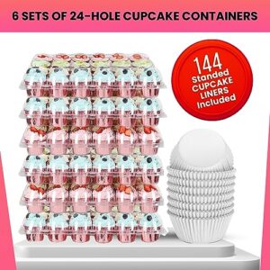 Bake Swirl (24 Counts x 6 Sets Standard Cupcake Containers with 144 Liners Clear Plastic Cupcake Boxes Carrier Holders Detachable Tall High Dome Lid Disposable BPA Wedding Party Baby Shower Birthday