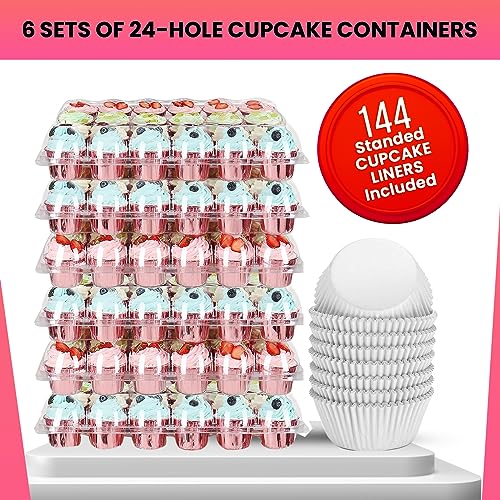 Bake Swirl (24 Counts x 6 Sets Standard Cupcake Containers with 144 Liners Clear Plastic Cupcake Boxes Carrier Holders Detachable Tall High Dome Lid Disposable BPA Wedding Party Baby Shower Birthday