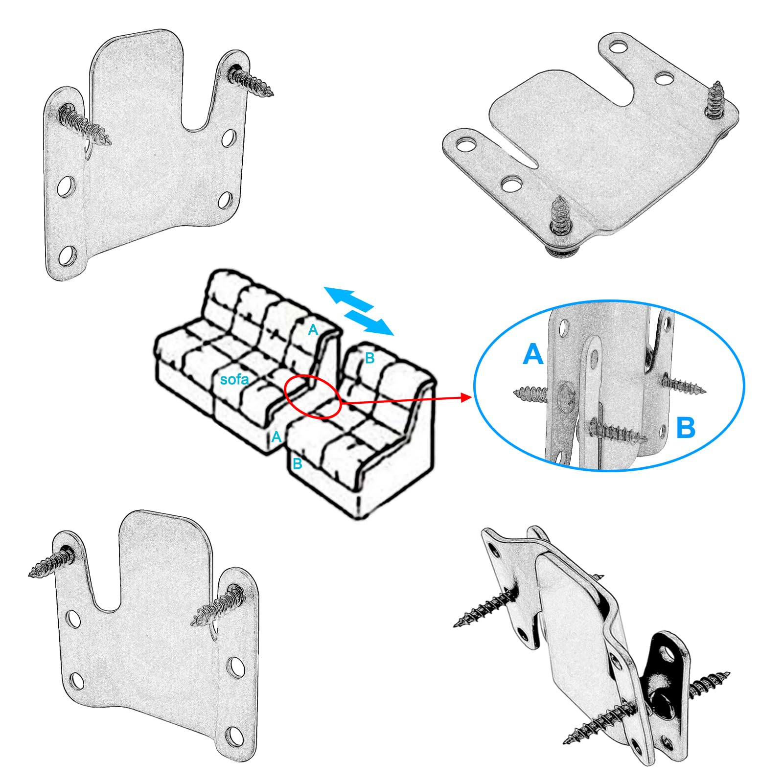 Sectional Couch Metal Connectors,4 Pcs Universal Sofa Interlocking Furniture Connector,Sectional Sofa Fastener Software Bracket with Screws for Loveseat, Recliner, Chair or Chaise Lounge (Black)