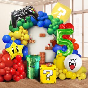 134pcs red blue yellow green balloon garland arch kit with cloud mushroom star balloons for cartoon & video game theme super bros birthday mario inspired party decorations