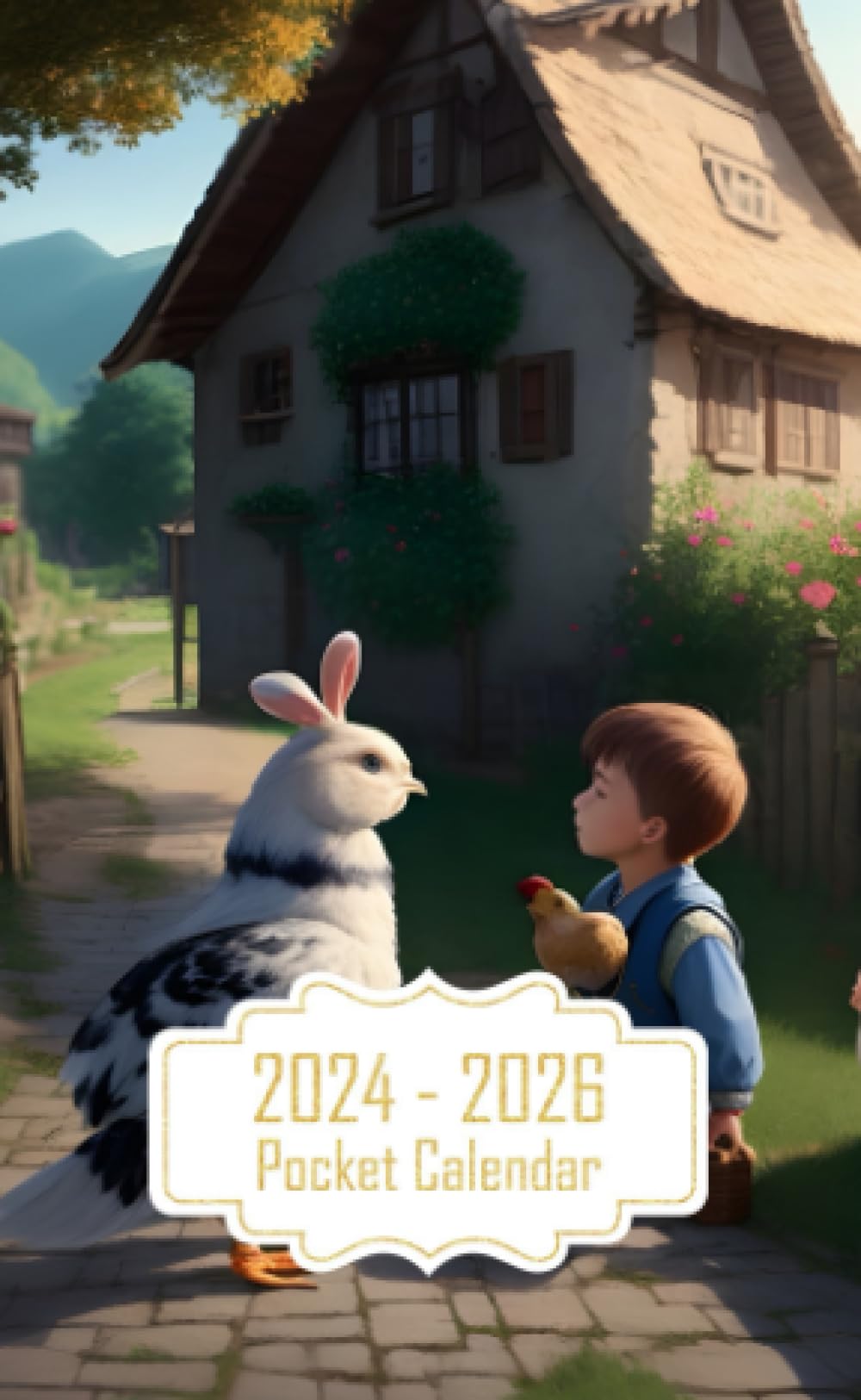 Pocket Calendar 2024-2026: Two-Year Monthly Planner for Purse , 36 Months from January 2024 to December 2026 | Beautiful village | Chickens | Dog | ... boy with rabbit | Small bird flying away