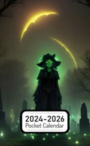 pocket calendar 2024-2026: two-year monthly planner for purse , 36 months from january 2024 to december 2026 | spooky glowing ghosts | halloween theme | vampire | bats | cemetery scene