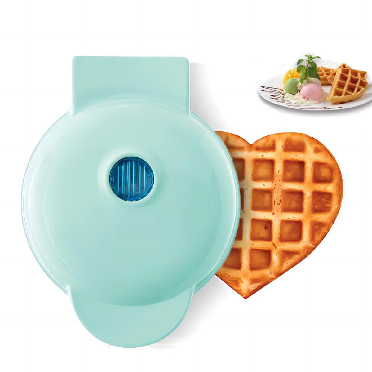 Mini Maker Waffle Maker 5“ Non-Stick Waffler Iron Stuffler Stuffed Wafflera Adjustable Browning Control, Heart, Azure