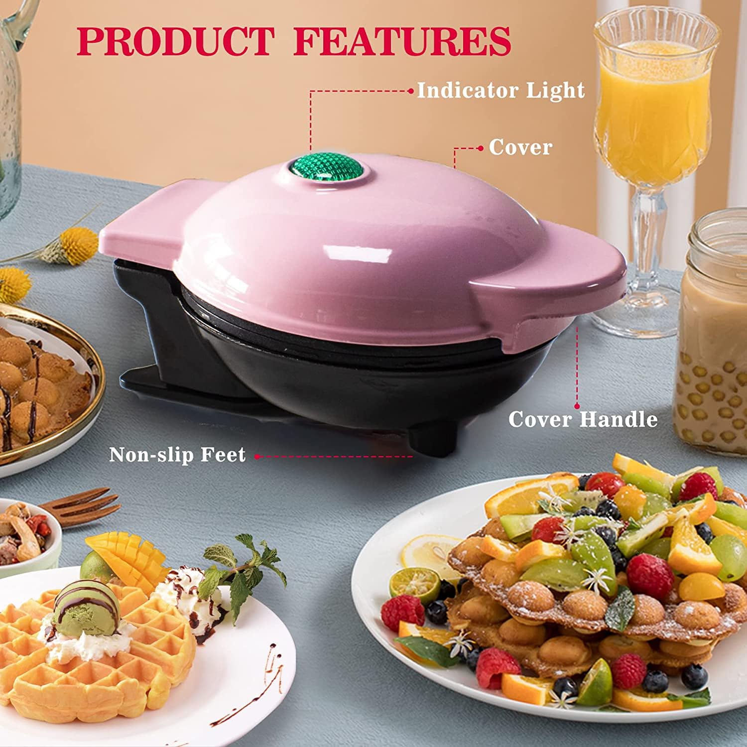 Mini Maker Waffle Maker 5“ Non-Stick Waffler Iron Stuffler Stuffed Wafflera Adjustable Browning Control, Heart, Azure