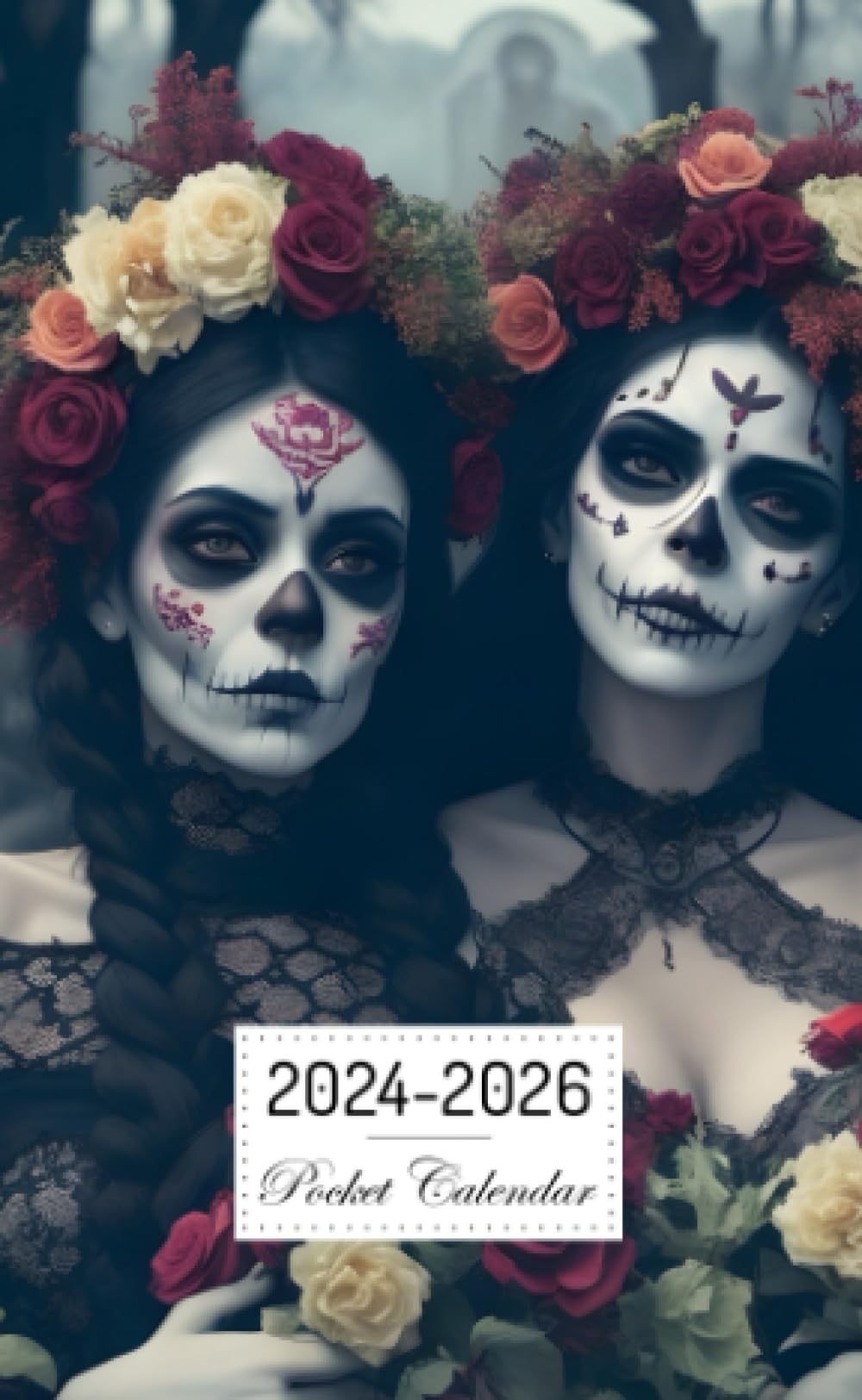 Pocket Calendar 2024-2026: Two-Year Monthly Planner for Purse , 36 Months from January 2024 to December 2026 | Gothic scary day of the dead women | Devil possessed | Bleeding cuts | Cemetery flowers