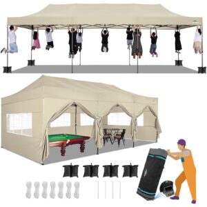 cobizi 10x30 heavy duty pop up canopy with 8 sidewalls stable wedding outdoor tents for parties canopy pop up party tent upf 50+ waterproof commercial gazebo with roller bag, khaki(windproof upgraded)