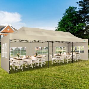 COBIZI 10x30 Heavy Duty Pop up Canopy with 8 sidewalls Stable Wedding Outdoor Tents for Parties Canopy Pop Up Party Tent UPF 50+ Waterproof Commercial Gazebo with Roller Bag, Khaki(Windproof Upgraded)