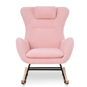 cuisinsmart rocking chair teddy upholstered glider chair for nursery, modern rocker chair with high backrest armchair rocking chair indoor for living room, bedroom and playroom pink