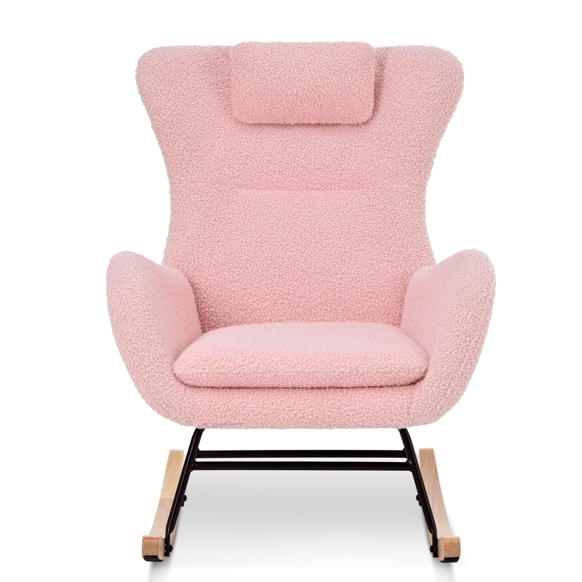 CuisinSmart Rocking Chair Teddy Upholstered Glider Chair for Nursery, Modern Rocker Chair with High Backrest Armchair Rocking Chair Indoor for Living Room, Bedroom and Playroom Pink