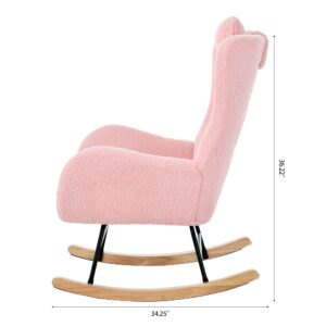 CuisinSmart Rocking Chair Teddy Upholstered Glider Chair for Nursery, Modern Rocker Chair with High Backrest Armchair Rocking Chair Indoor for Living Room, Bedroom and Playroom Pink