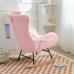 CuisinSmart Rocking Chair Teddy Upholstered Glider Chair for Nursery, Modern Rocker Chair with High Backrest Armchair Rocking Chair Indoor for Living Room, Bedroom and Playroom Pink