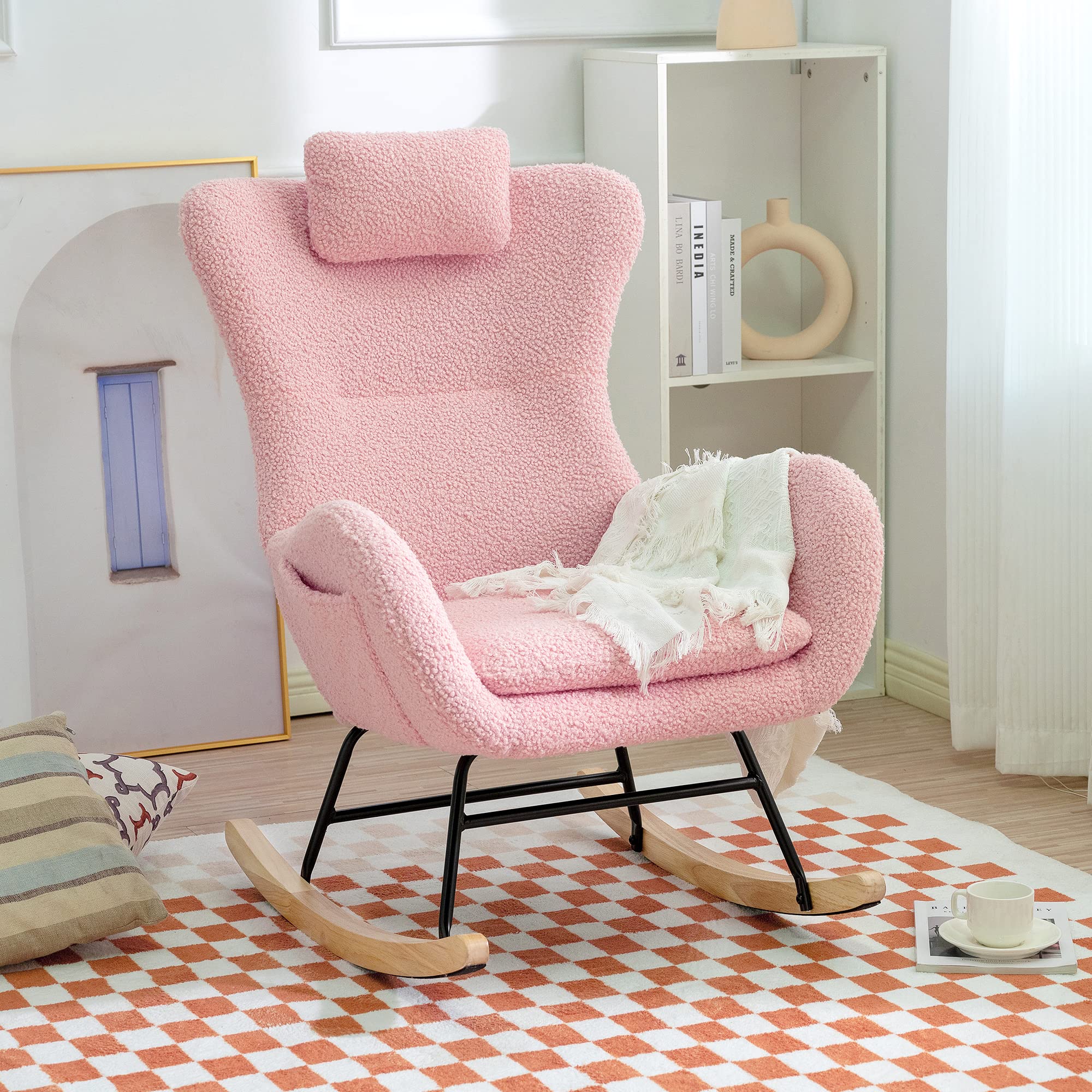 CuisinSmart Rocking Chair Teddy Upholstered Glider Chair for Nursery, Modern Rocker Chair with High Backrest Armchair Rocking Chair Indoor for Living Room, Bedroom and Playroom Pink