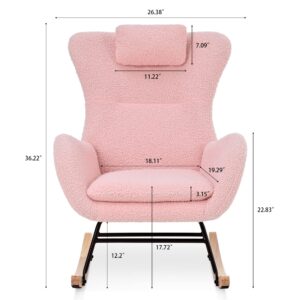 CuisinSmart Rocking Chair Teddy Upholstered Glider Chair for Nursery, Modern Rocker Chair with High Backrest Armchair Rocking Chair Indoor for Living Room, Bedroom and Playroom Pink