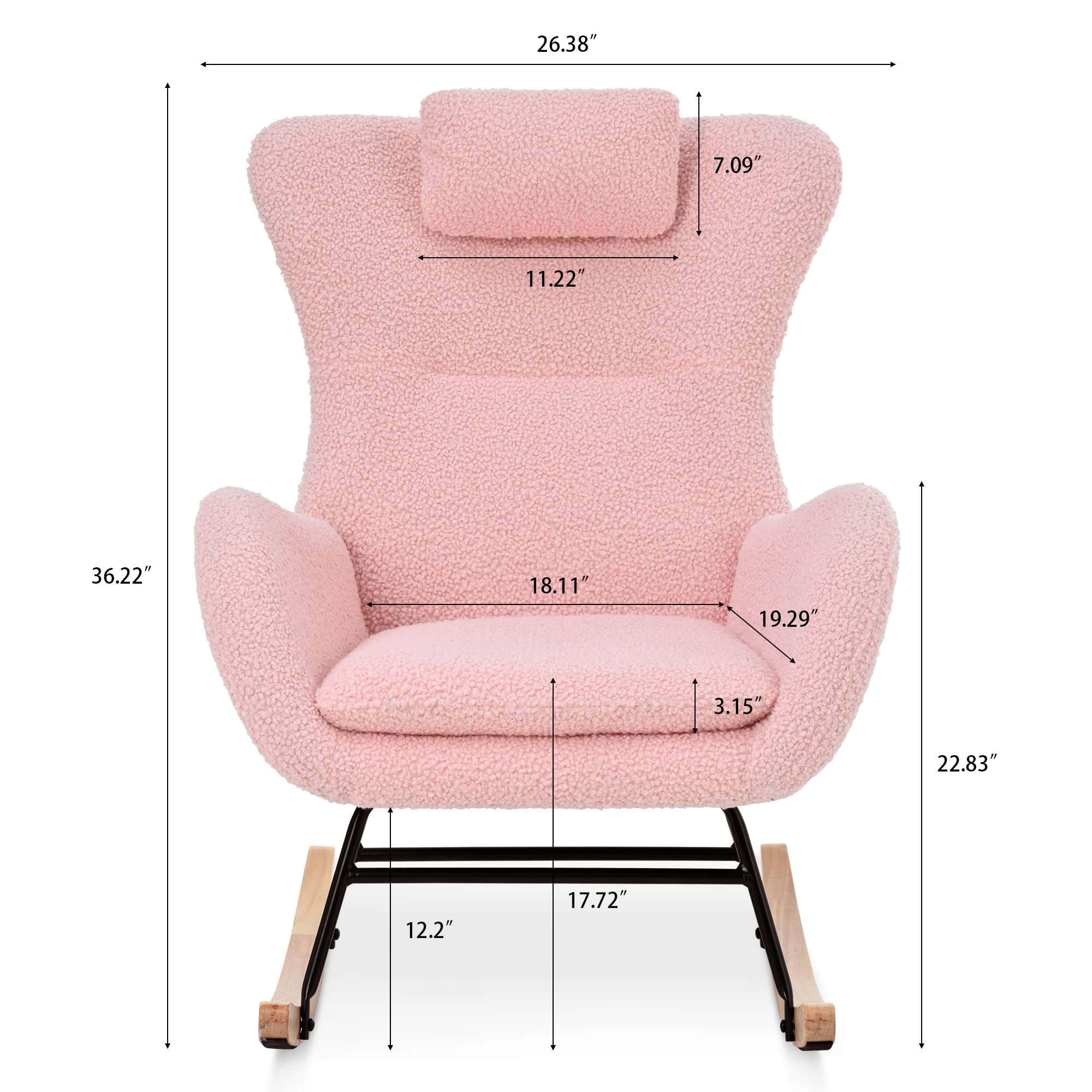 CuisinSmart Rocking Chair Teddy Upholstered Glider Chair for Nursery, Modern Rocker Chair with High Backrest Armchair Rocking Chair Indoor for Living Room, Bedroom and Playroom Pink