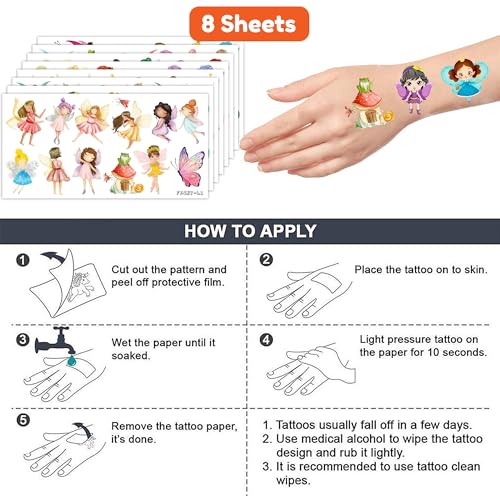 Fairy Temporary Tattoos Sticker for Kids 8 Sheet (93 Pcs) Fairy Themed Birthday Party Decorations Supplies Favors Gifts Ideas for Girls Boys Baby Showers Cute Fake Tattoo Classroom Reward Christmas