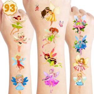 fairy temporary tattoos sticker for kids 8 sheet (93 pcs) fairy themed birthday party decorations supplies favors gifts ideas for girls boys baby showers cute fake tattoo classroom reward christmas