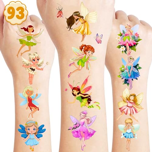 Fairy Temporary Tattoos Sticker for Kids 8 Sheet (93 Pcs) Fairy Themed Birthday Party Decorations Supplies Favors Gifts Ideas for Girls Boys Baby Showers Cute Fake Tattoo Classroom Reward Christmas