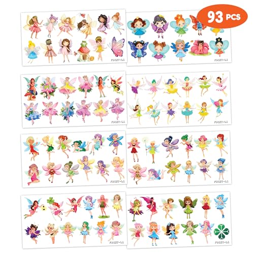 Fairy Temporary Tattoos Sticker for Kids 8 Sheet (93 Pcs) Fairy Themed Birthday Party Decorations Supplies Favors Gifts Ideas for Girls Boys Baby Showers Cute Fake Tattoo Classroom Reward Christmas