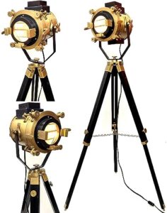 aladean industrial tripod floor lamp for living room bedroom, vintage spotlight reading lamp with wooden legs metal nautical searchlight floor lamp for office, cinema, dorm (antique searchlight 45")
