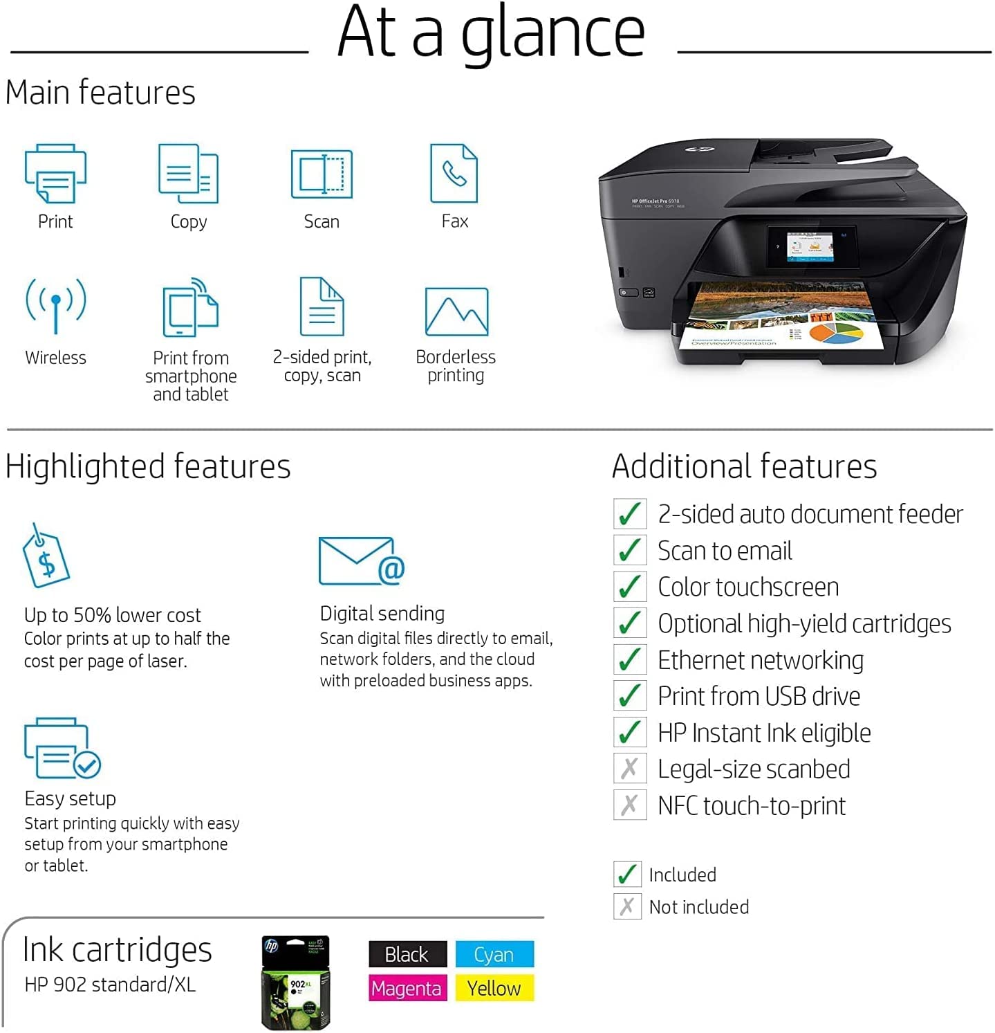 HP OfficeJet Pro 6978 All-in-One Color Inkjet Wireless Printer for Home Office, Black - Print Scan Copy Fax - 600 x 1200 dpi, 20 ppm, 35-Sheet ADF, 2.65" Touchscreen Display, Auto Duplex Printing