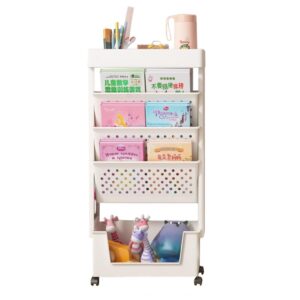 nbhh 5 tier book rack storage bookshelf,plastic removable rolling utility cart multi-functional movable storage book shelves with wheels for students study office kitchen classroom, white