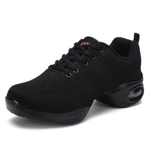 dance sneakers for women, women's jazz shoes lace-up split sole dance sneakers breathable air cushion zumba dancing shoes hip hop athletic walking shoes black 39