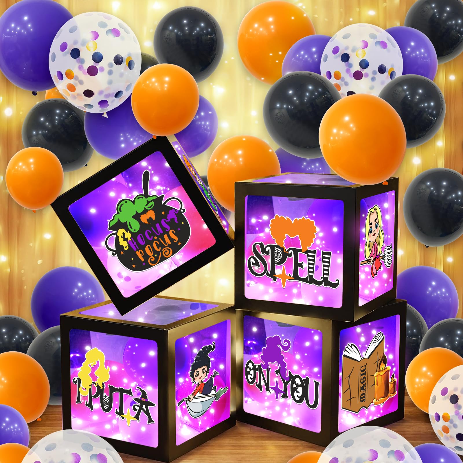 Hocus Pocus Party Decorations 4 Pieces Hocus Pocus Balloon Box with Purple LED Light Strings Hocus Pocus Decorations Hocus Pocus Party Supplies