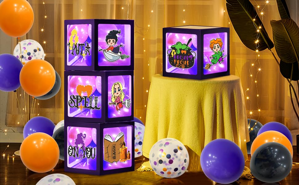 Hocus Pocus Party Decorations 4 Pieces Hocus Pocus Balloon Box with Purple LED Light Strings Hocus Pocus Decorations Hocus Pocus Party Supplies