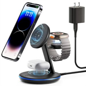 3 in 1 charging station for apple devices, mag - safe charger stand,15w fast magnetic charger wireless compatible for iphone 15 14 13 12 pro/max/plus/mini,airpods pro/3/2,iwatch 9/8/7/6/se/5/4/3/2