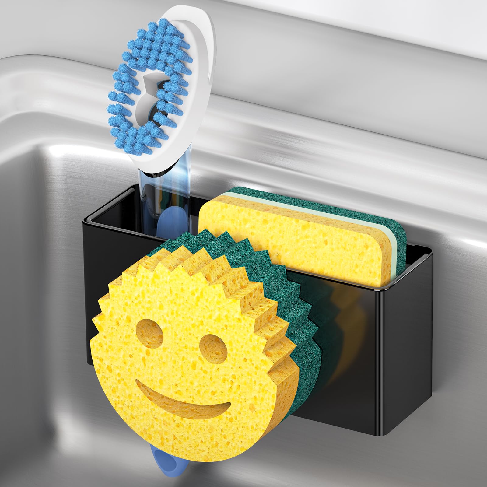 MURLONG Sponge Holder, Smiley Face Sink Caddy, Sink Organizer Sponge Sink Holder Stainless Steel with Suction Cups & 1 PCS Adhesive Strips for Holding Soap, Brush, Scrubber, Sponge-Black