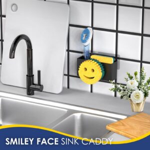 MURLONG Sponge Holder, Smiley Face Sink Caddy, Sink Organizer Sponge Sink Holder Stainless Steel with Suction Cups & 1 PCS Adhesive Strips for Holding Soap, Brush, Scrubber, Sponge-Black