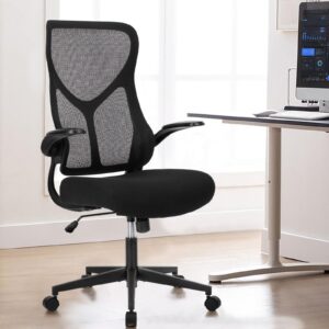 high back office chair flip up arms, ergonomic mesh chair adjustable height desk chair with lumbar support and wheels work chair for home office, black