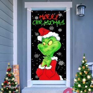 christmas door cover decorations green backdrop merry christmas porch sign for indoor outside front door party supplies（29.5x70.8in）