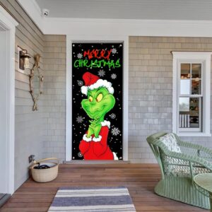 Christmas Door Cover Decorations Green Backdrop Merry Christmas Porch Sign for Indoor Outside Front Door Party Supplies（29.5x70.8in）