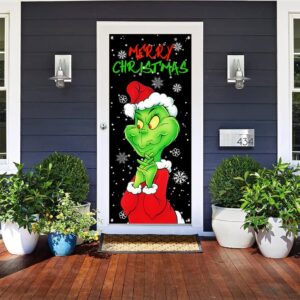 Christmas Door Cover Decorations Green Backdrop Merry Christmas Porch Sign for Indoor Outside Front Door Party Supplies（29.5x70.8in）