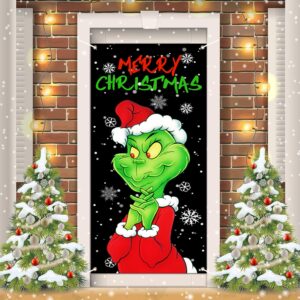 Christmas Door Cover Decorations Green Backdrop Merry Christmas Porch Sign for Indoor Outside Front Door Party Supplies（29.5x70.8in）