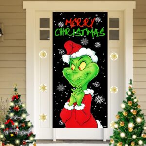 Christmas Door Cover Decorations Green Backdrop Merry Christmas Porch Sign for Indoor Outside Front Door Party Supplies（29.5x70.8in）