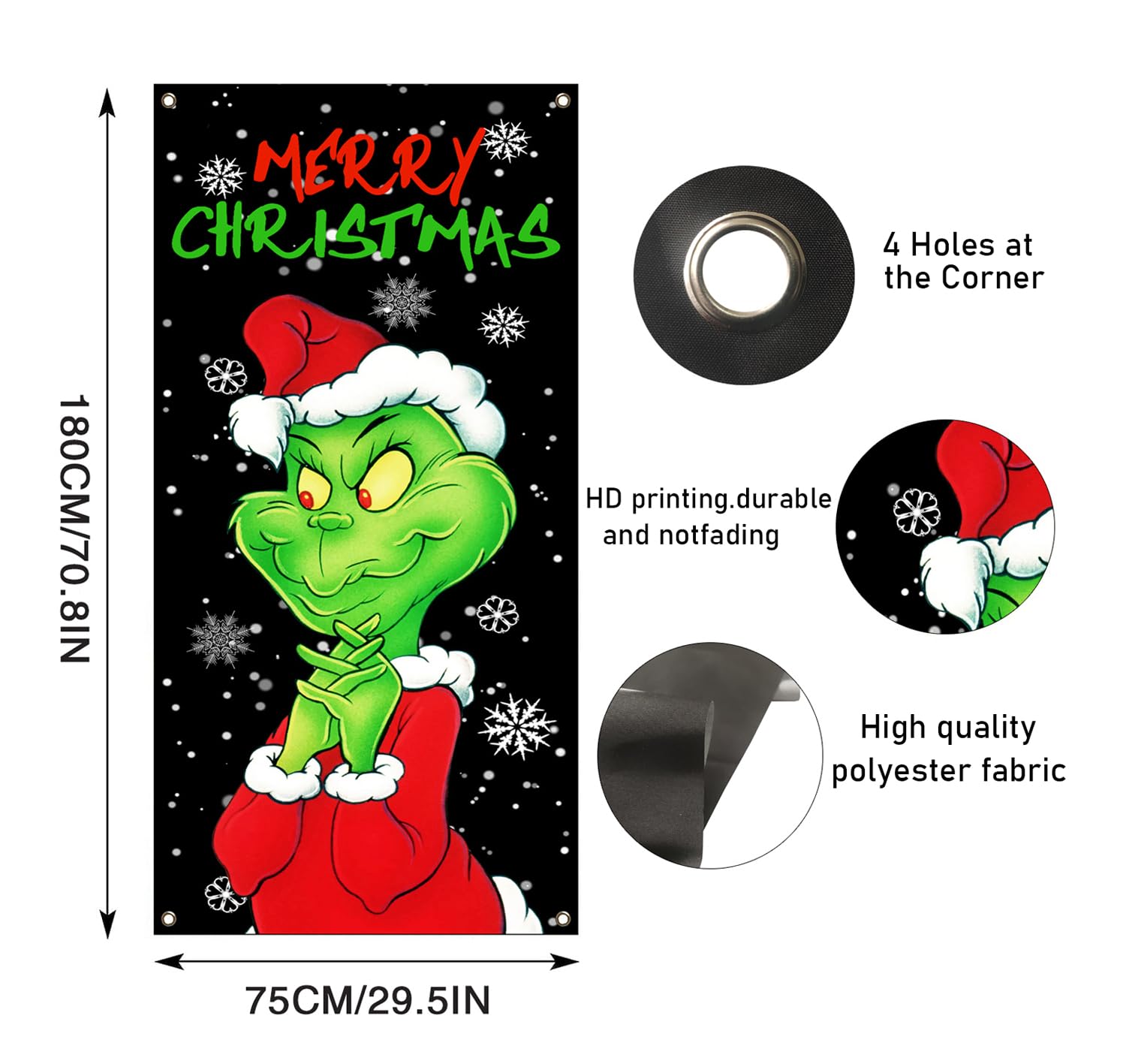 Christmas Door Cover Decorations Green Backdrop Merry Christmas Porch Sign for Indoor Outside Front Door Party Supplies（29.5x70.8in）